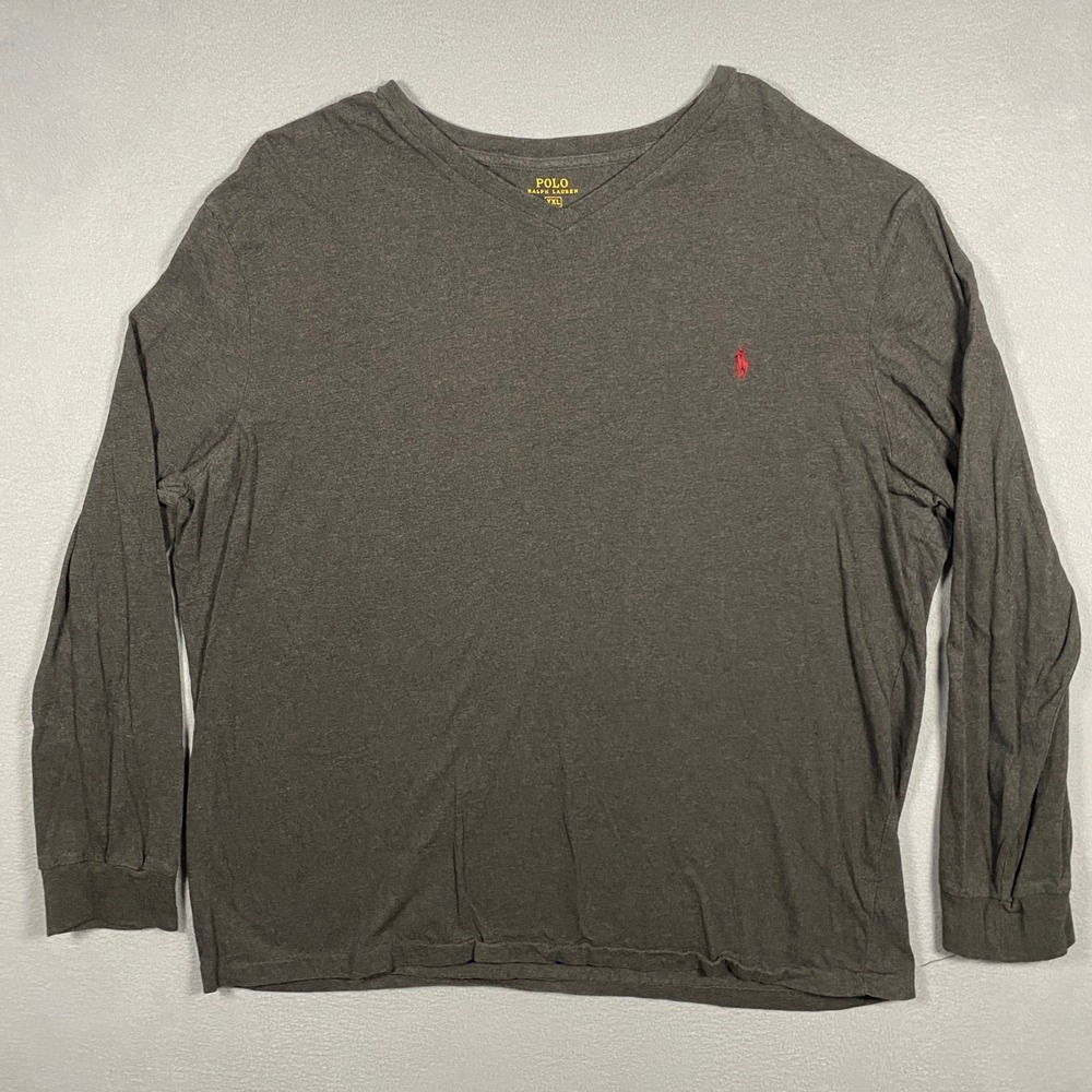 Polo Ralph Lauren V-Neck T-Shirt Mens XXL Gray Long Sleeve Cotton Pony Logo